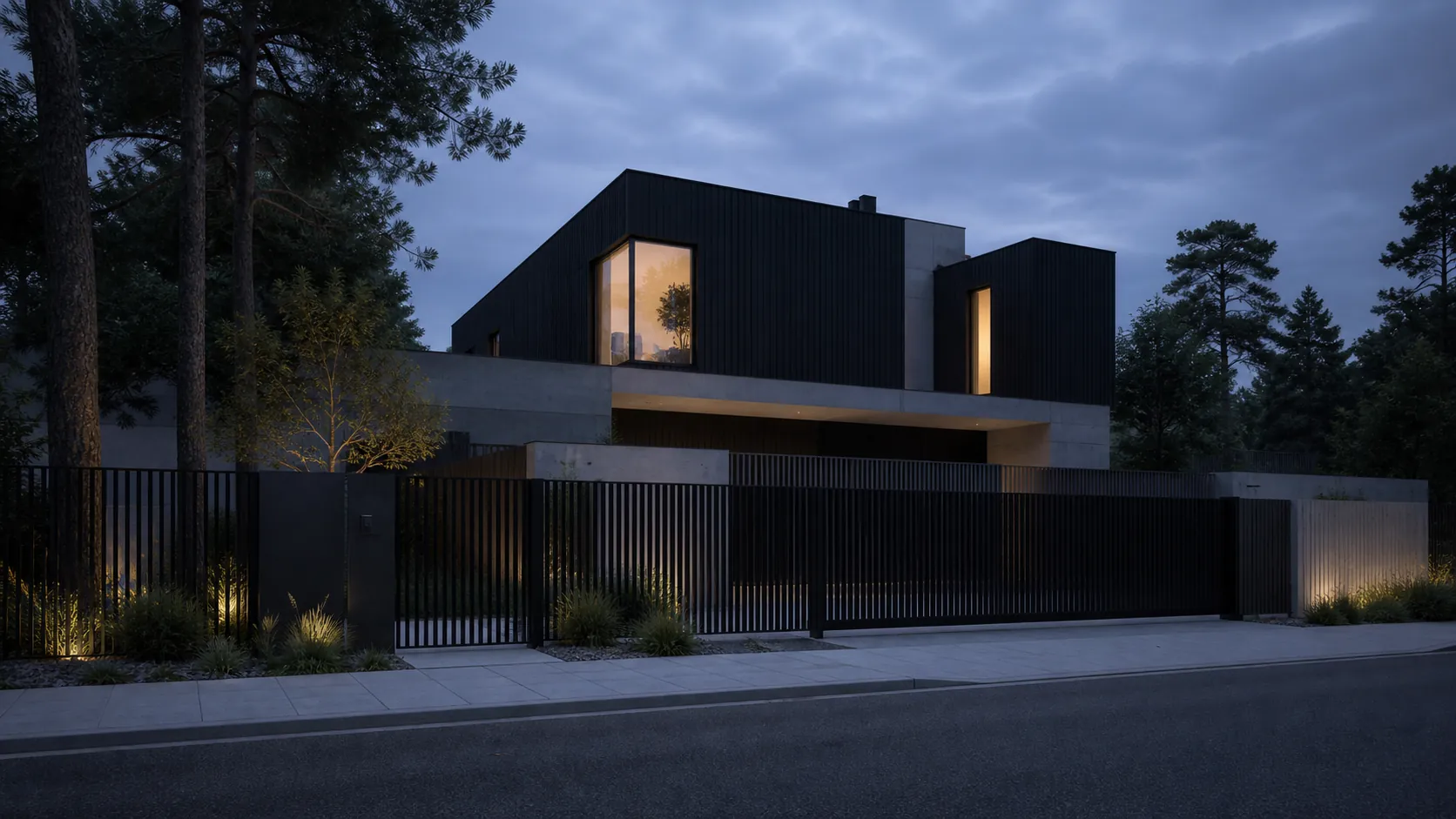 Contemporary single-family home with a dark steel front fence of vertical profiles and an entrance gate in a single plane with the fence