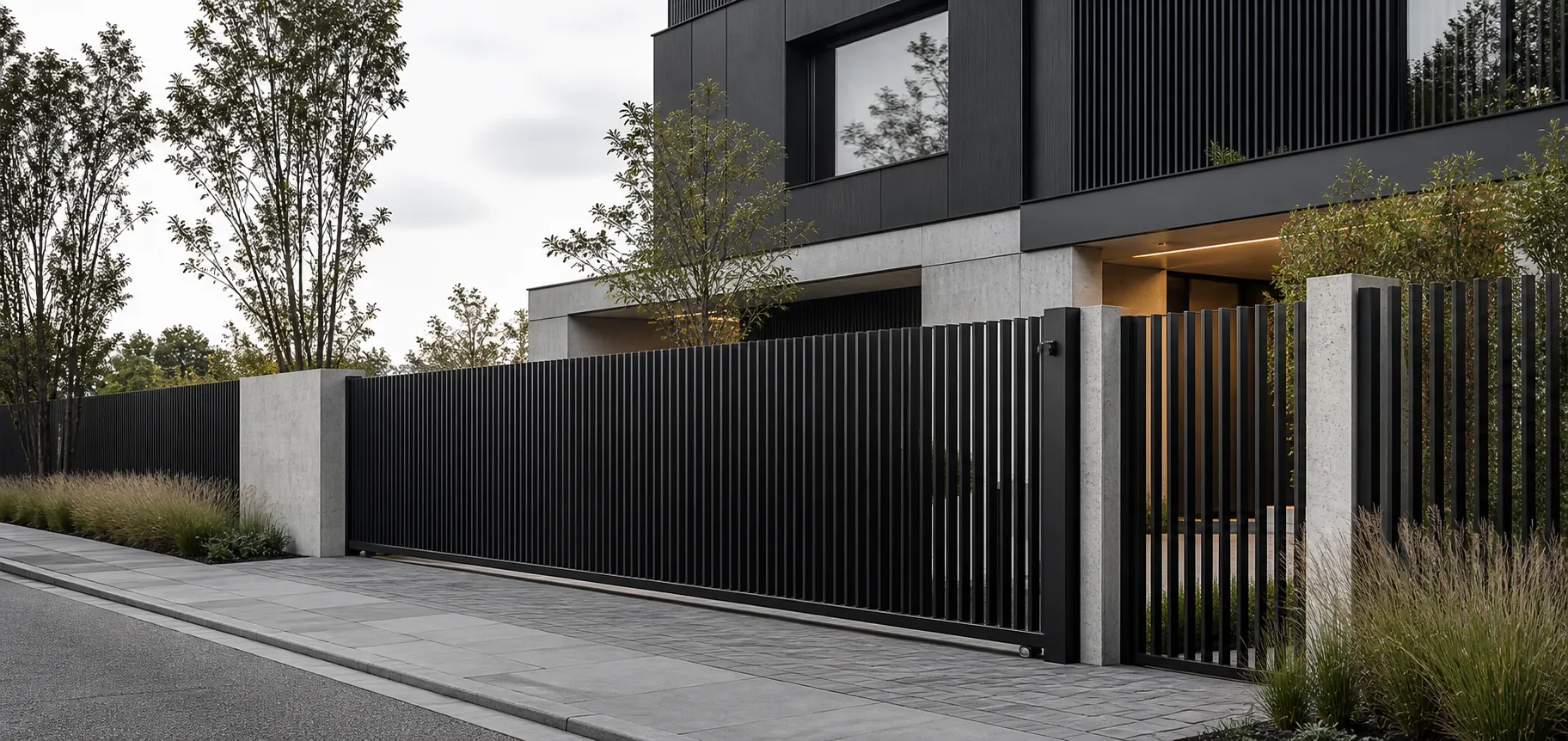 Steel sliding gate of vertical profiles in line with the front fence on uneven plot terrain